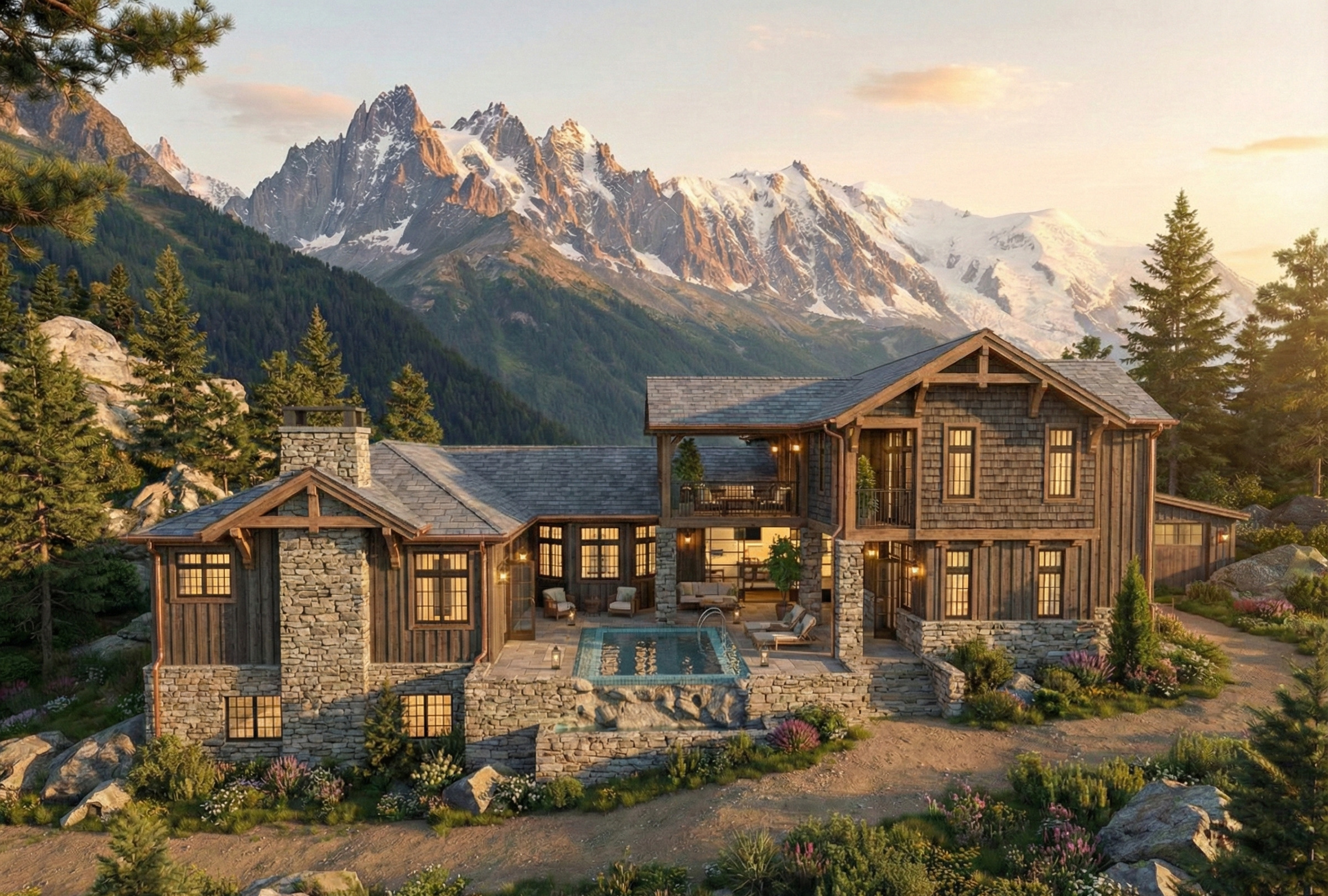 Elegant U-Shaped House Plan — 4 Beds, Courtyard Pool, 318 m² (3,423 sq ft), 1-Car Garage house plan