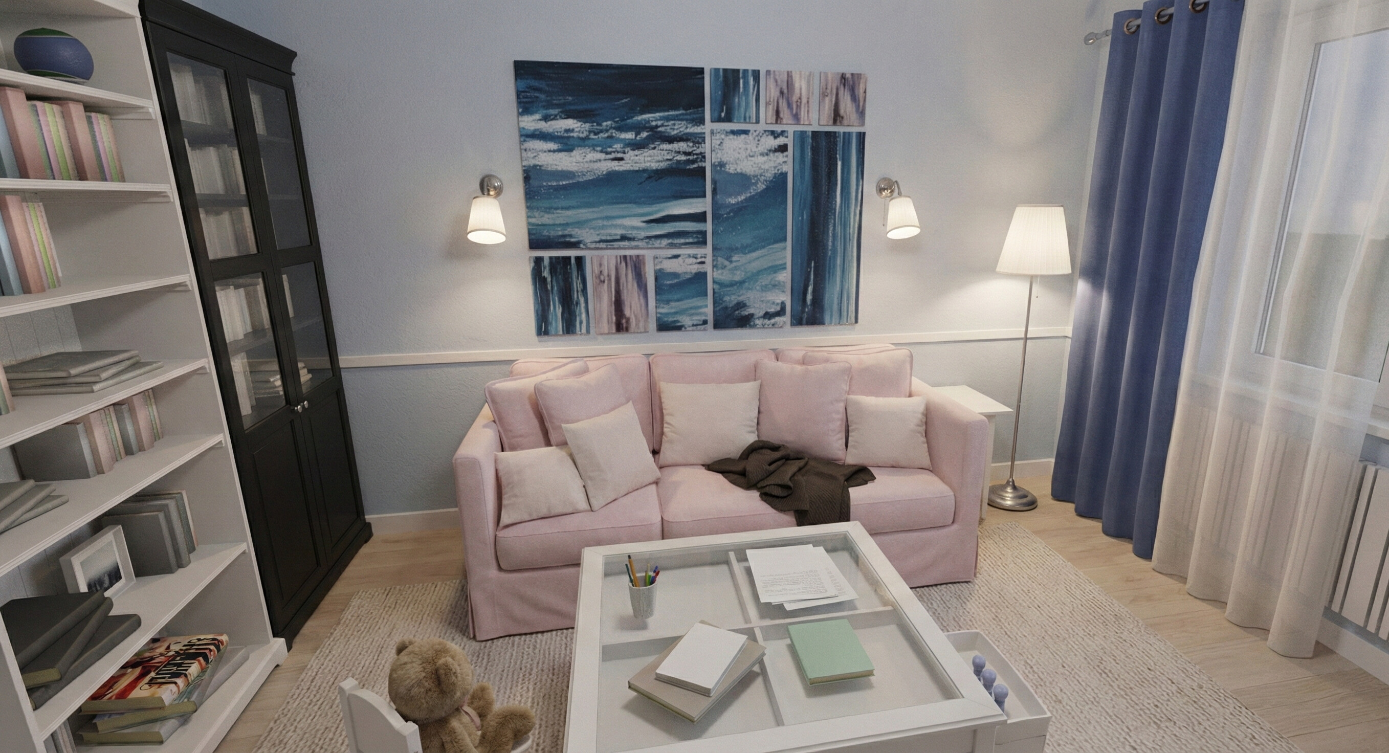 Galería de visualizaciones - Plano acogedor de apartamento de 2 dormitorios — 84 m² (904 sq ft), dos balcones, despensa y lavandería