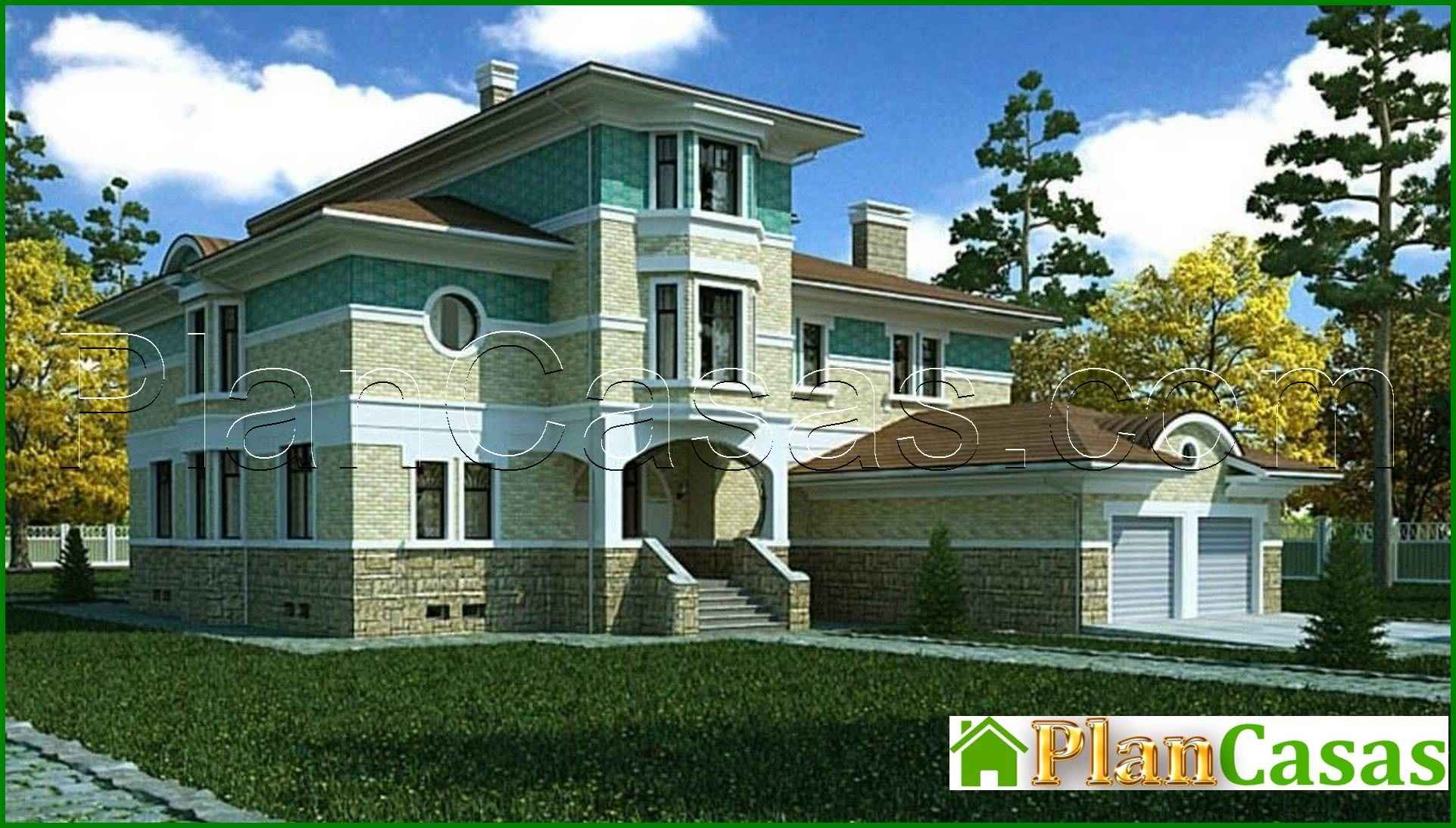 The project of a large two-story house with a pool and a garage for 2 cars