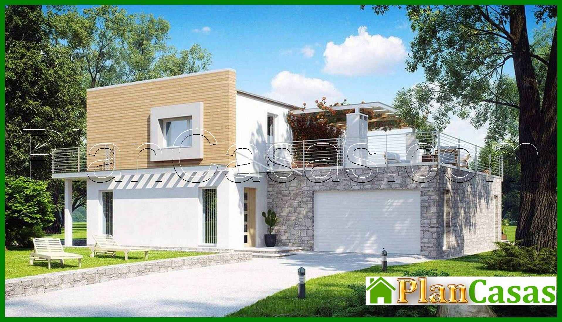 Proyecto de una casa moderna con terraza sobre el garaje