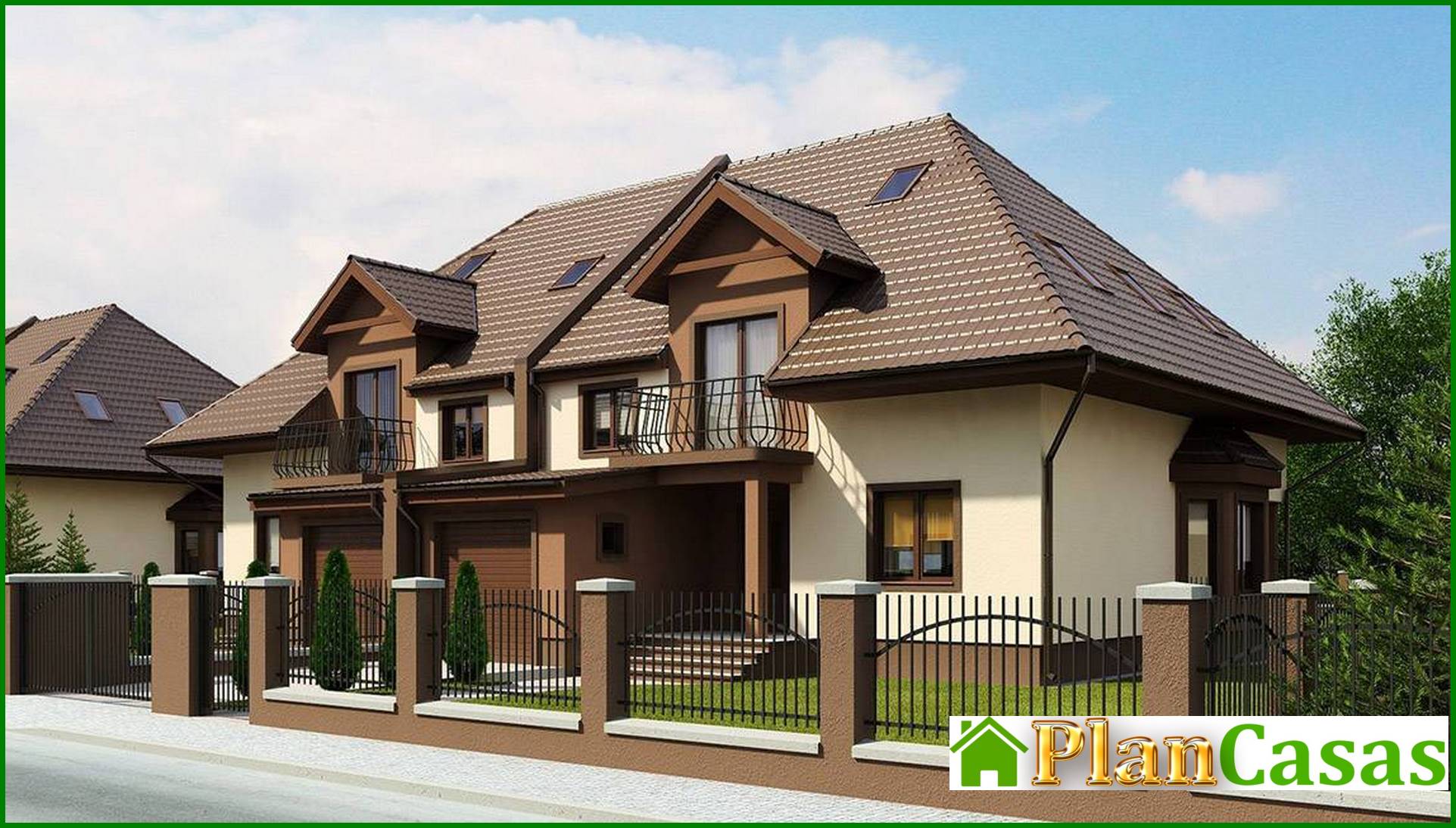 The project of a cottage for two families with a garage and an attic