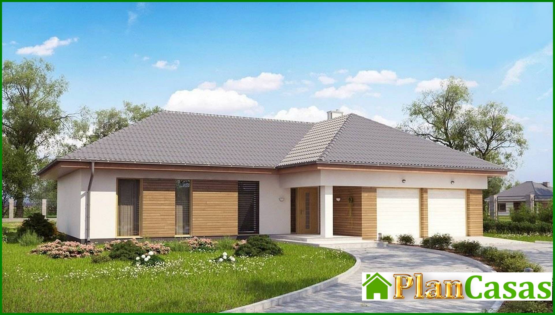 Galería de visualizaciones - Proyecto de casa de una planta con garaje frontal para dos coches