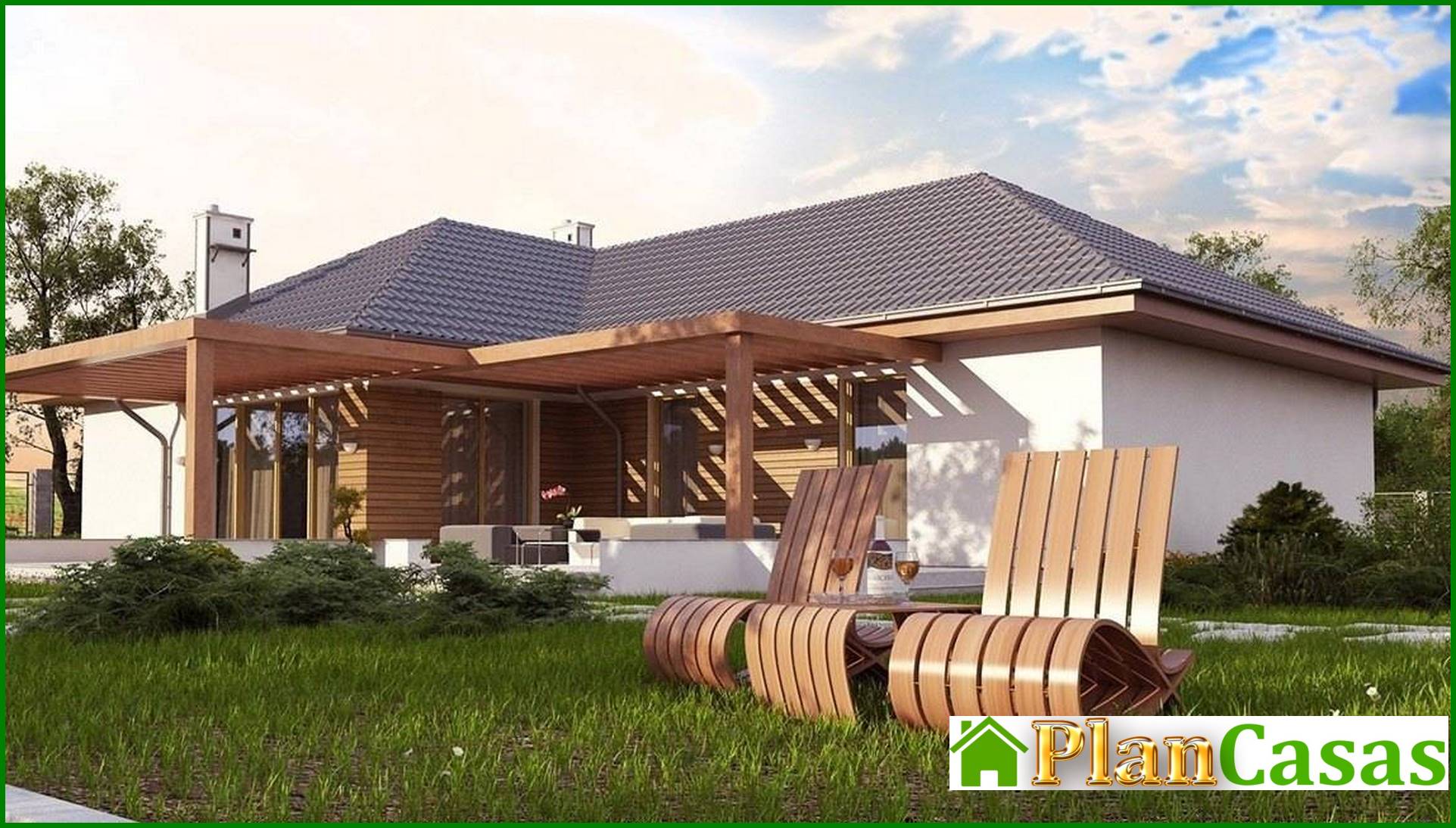 Galería de visualizaciones - Proyecto de casa de una planta con garaje frontal para dos coches