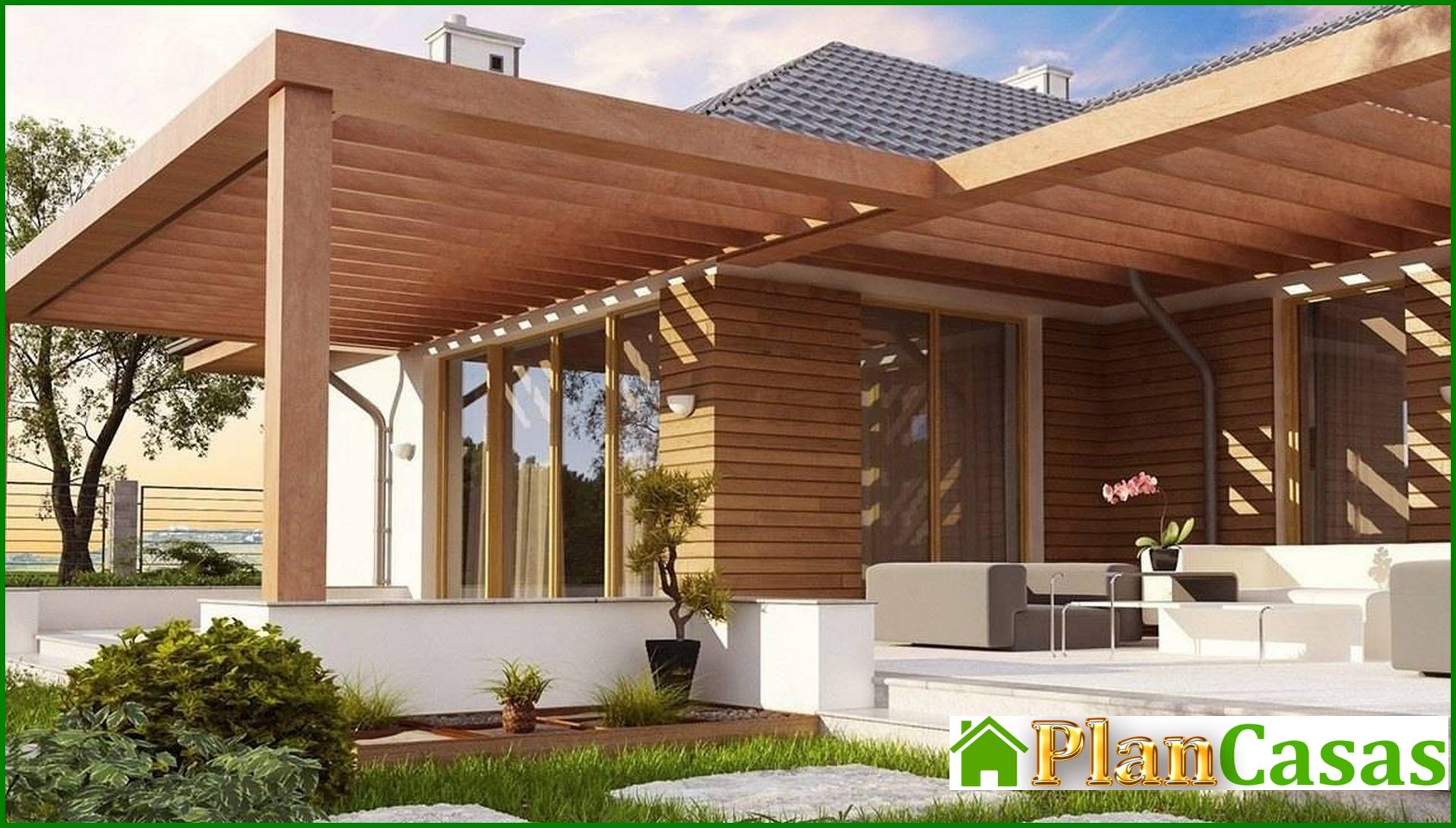 Galería de visualizaciones - Proyecto de casa de una planta con garaje frontal para dos coches