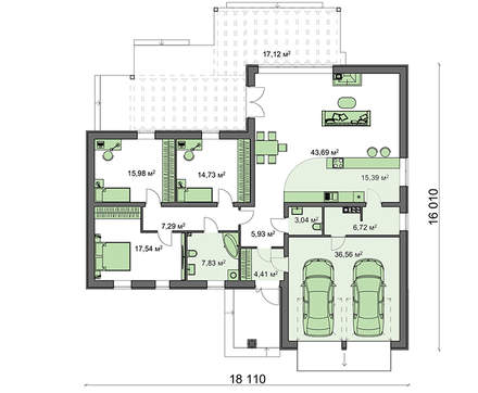 Galería de visualizaciones - Proyecto de casa de una planta con garaje frontal para dos coches
