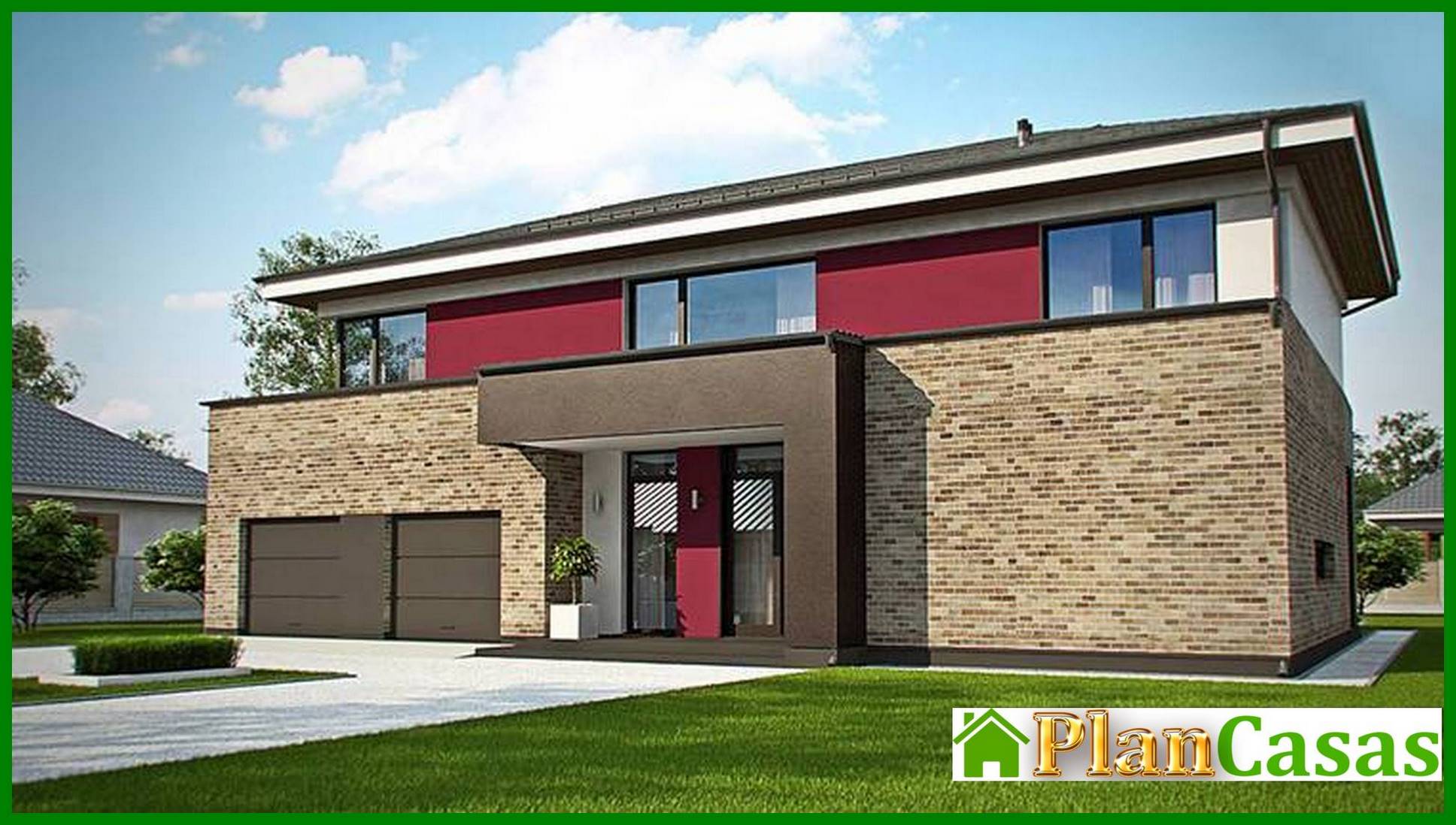 Modern project of a two-story house with a garage for two cars and a sauna