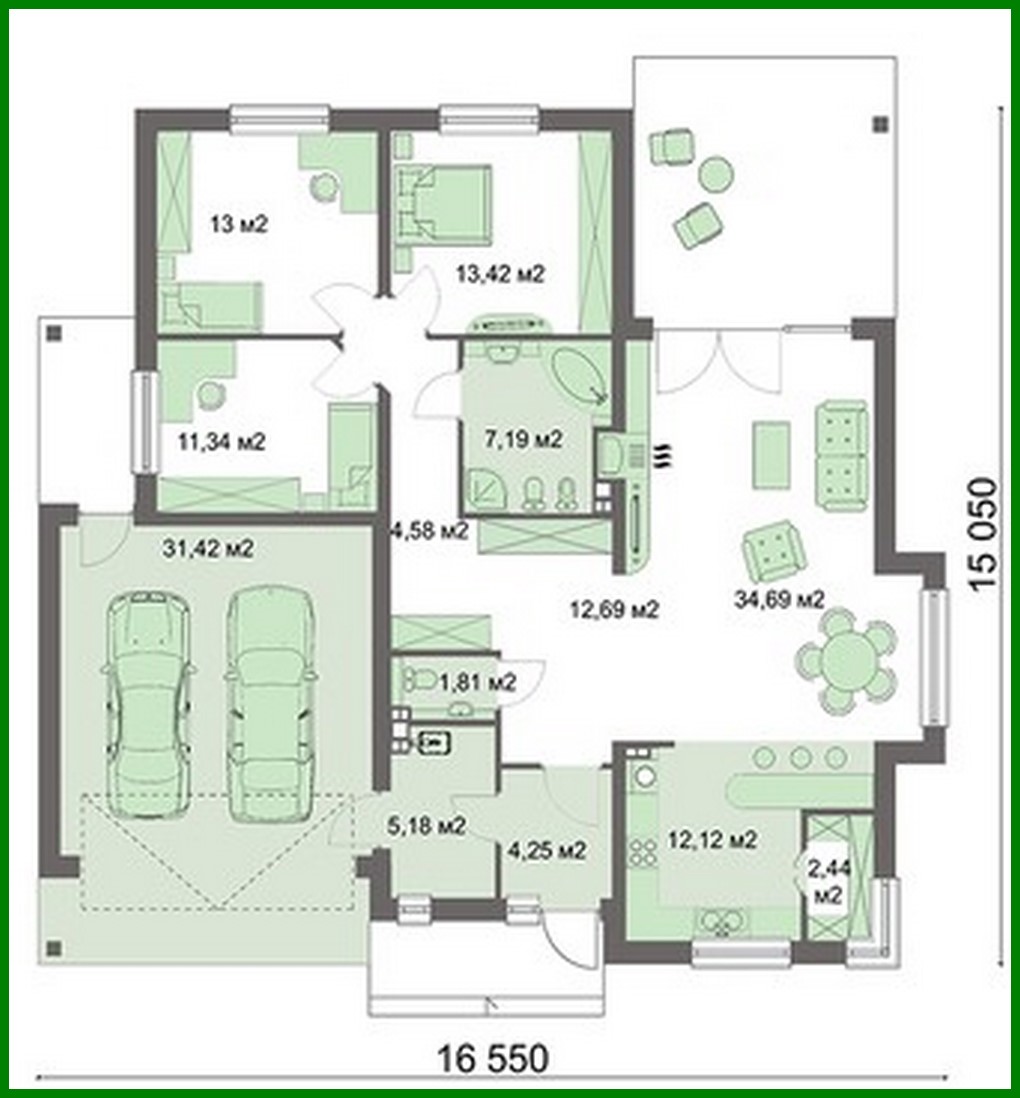 Galería de visualizaciones - Plano de un atractivo edificio residencial con garaje para dos coches