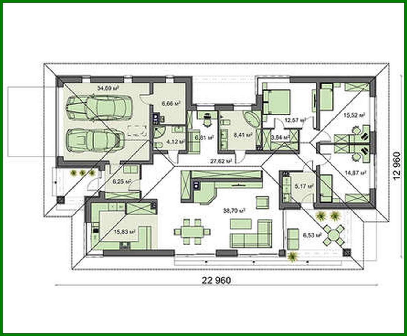 Galería de visualizaciones - Amplio edificio residencial de una planta con sala de estar en el centro