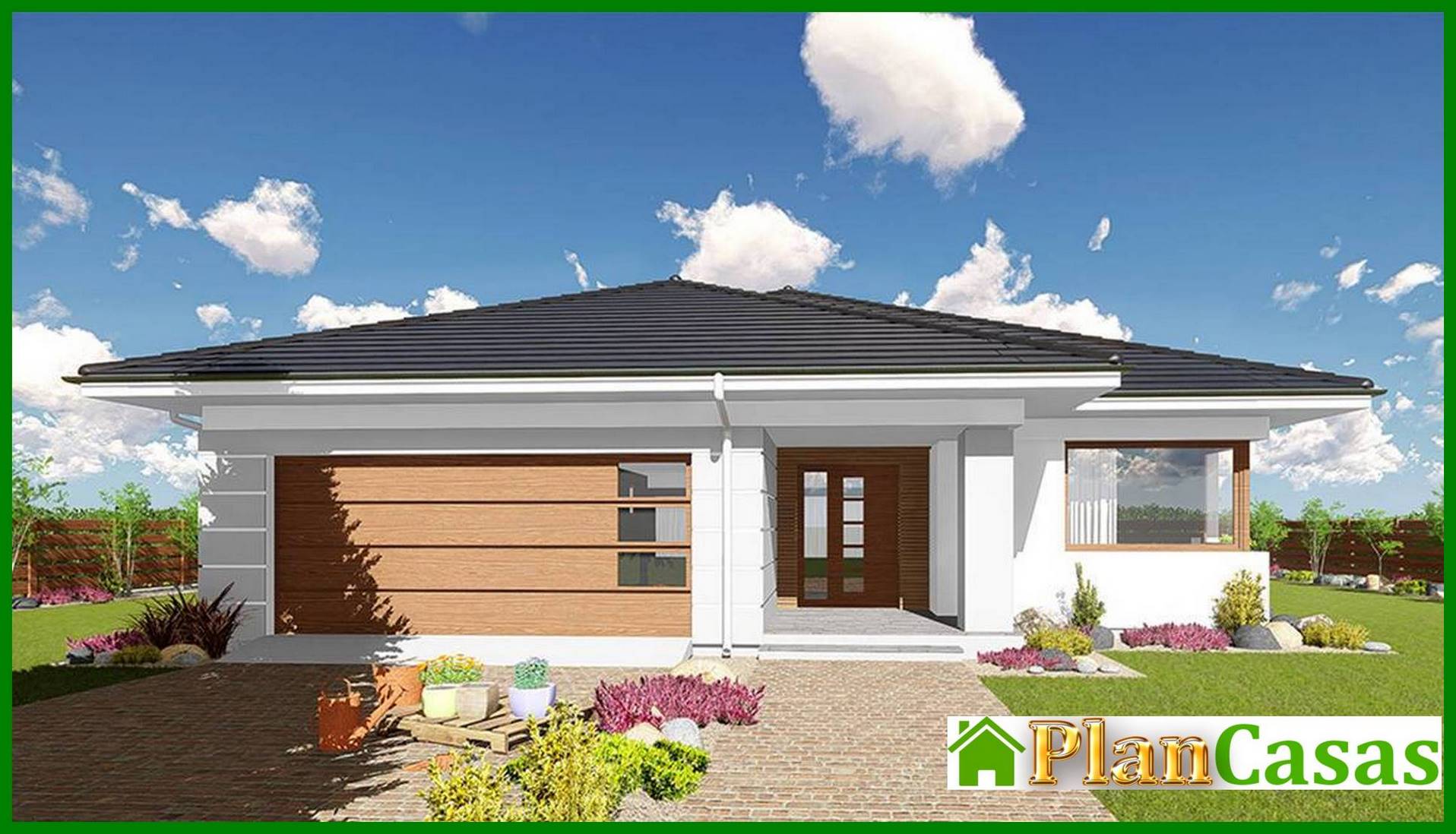 Galería de visualizaciones - Amplio edificio residencial de una planta con sala de estar en el centro