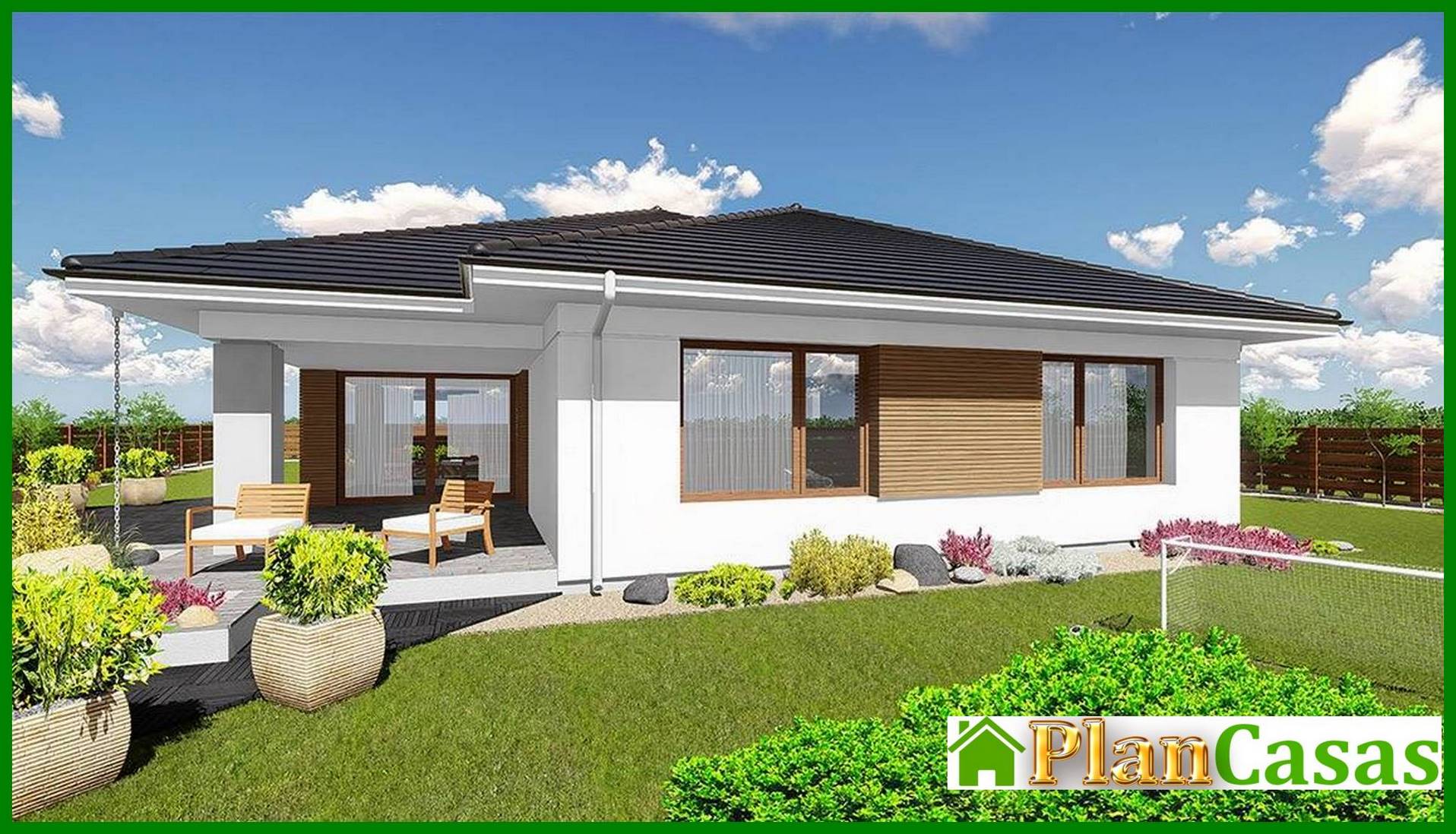 Galería de visualizaciones - Amplio edificio residencial de una planta con sala de estar en el centro