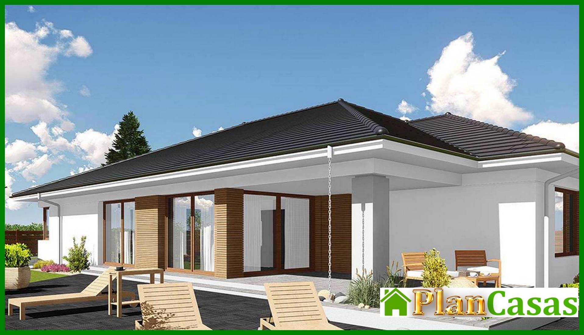 Galería de visualizaciones - Amplio edificio residencial de una planta con sala de estar en el centro