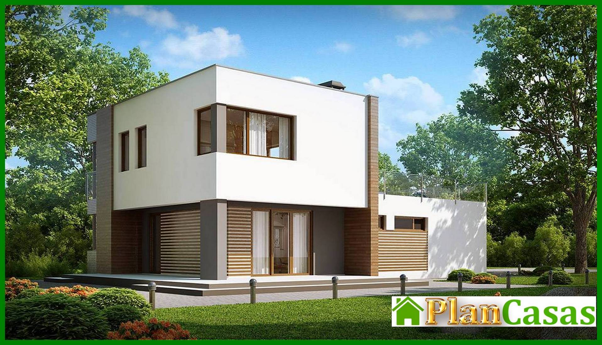 Proyecto de una casa modernista de dos plantas con una terraza sobre el garaje