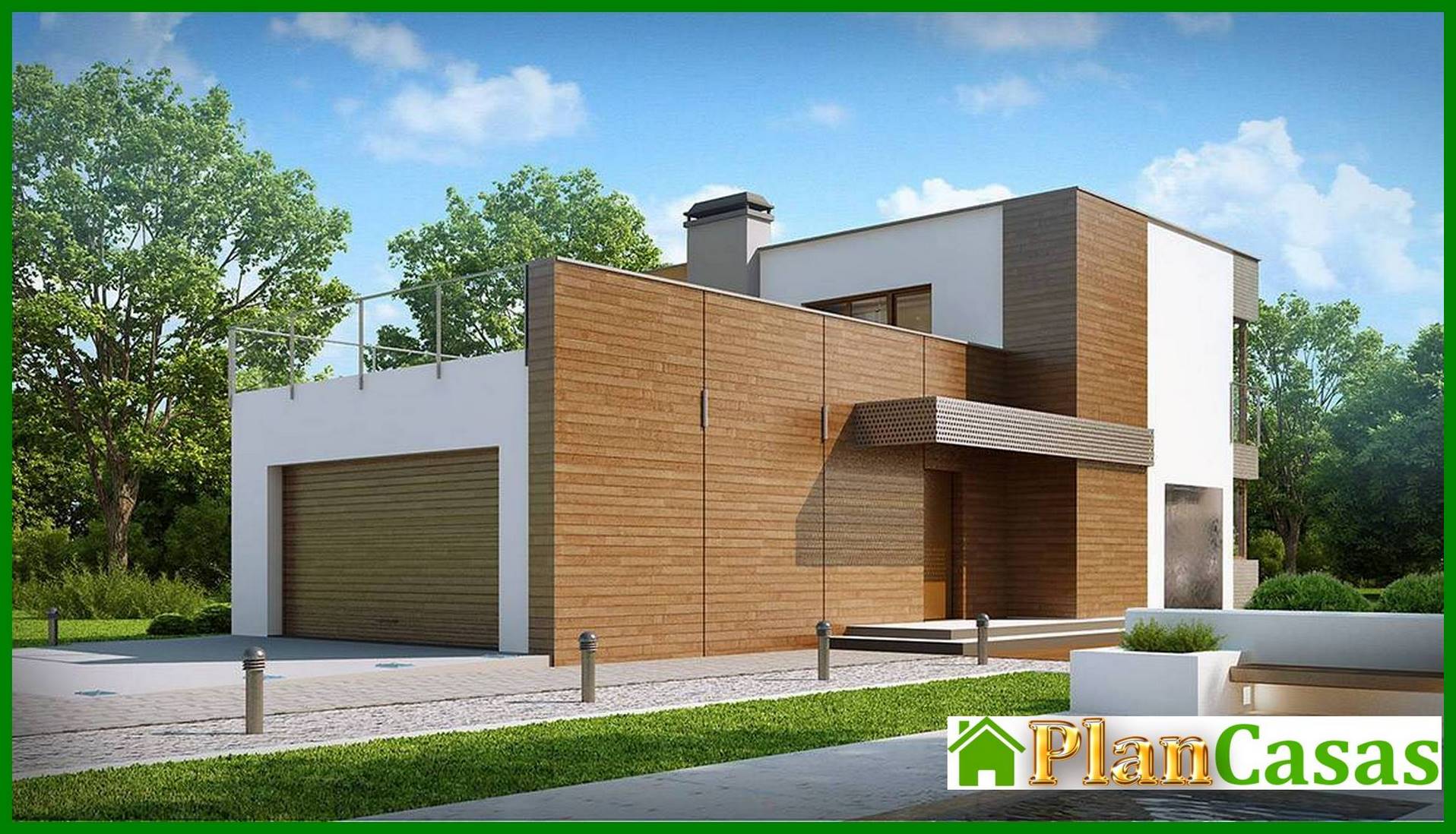 Galería de visualizaciones - Proyecto de una casa modernista de dos plantas con una terraza sobre el garaje