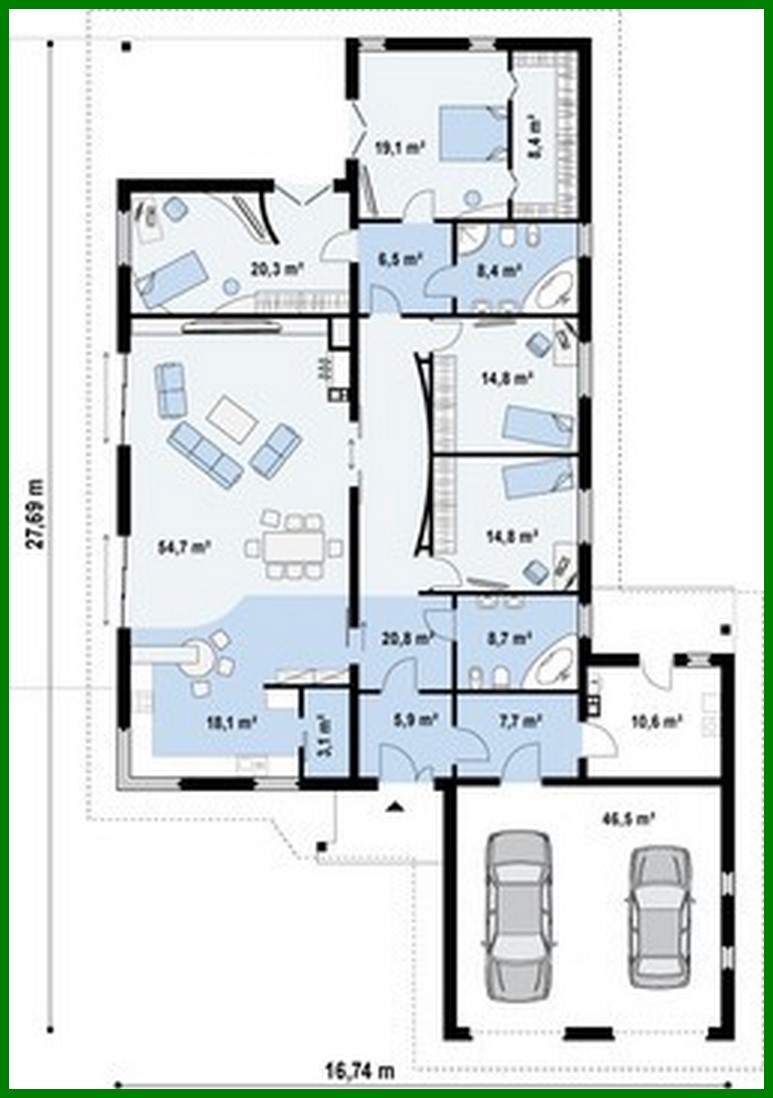 Galería de visualizaciones - Proyecto de casa de campo de una planta para un terreno estrecho con un gran garaje