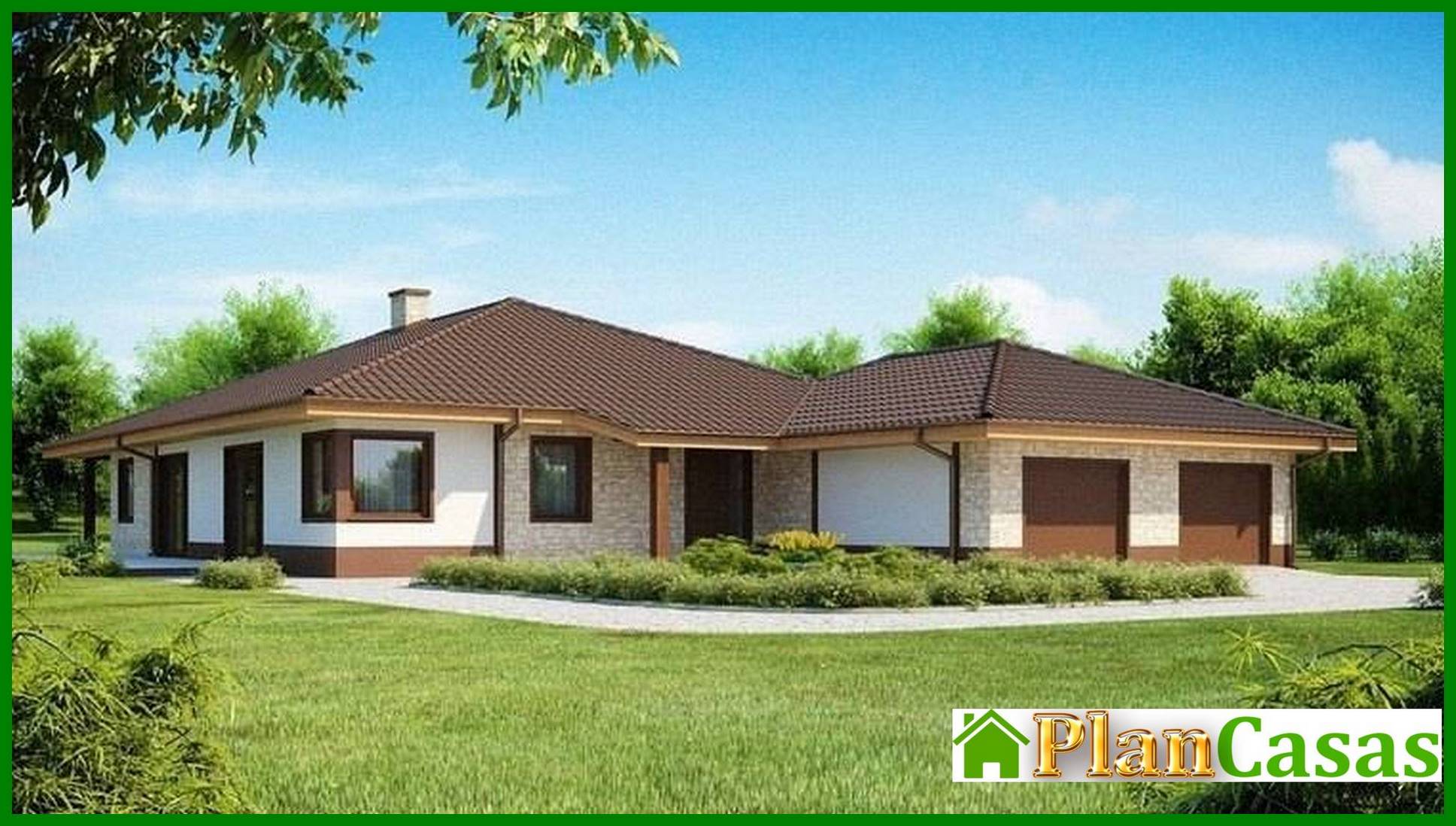 Galería de visualizaciones - Proyecto de casa de campo de una planta para un terreno estrecho con un gran garaje