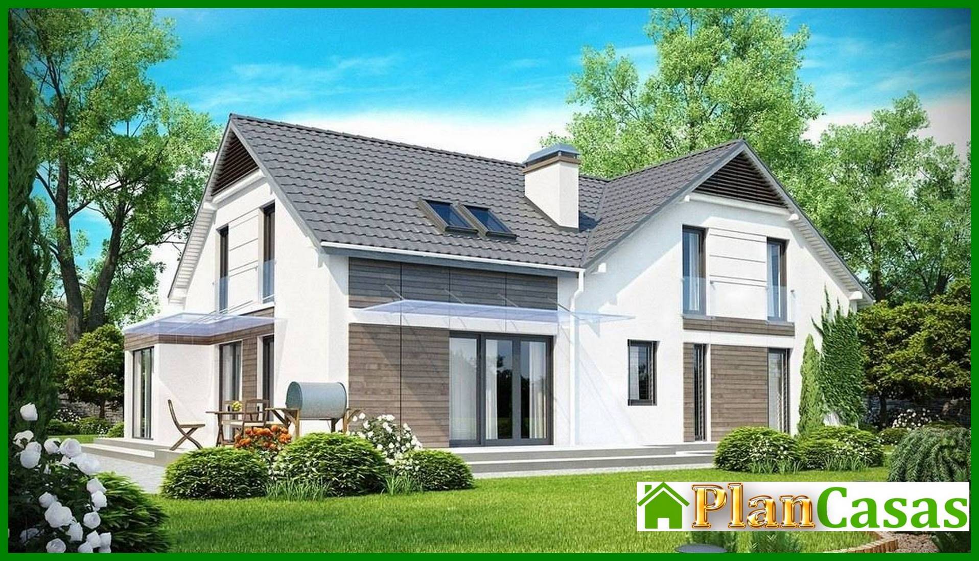 Cottage project with a garage for two cars and a corner bay window