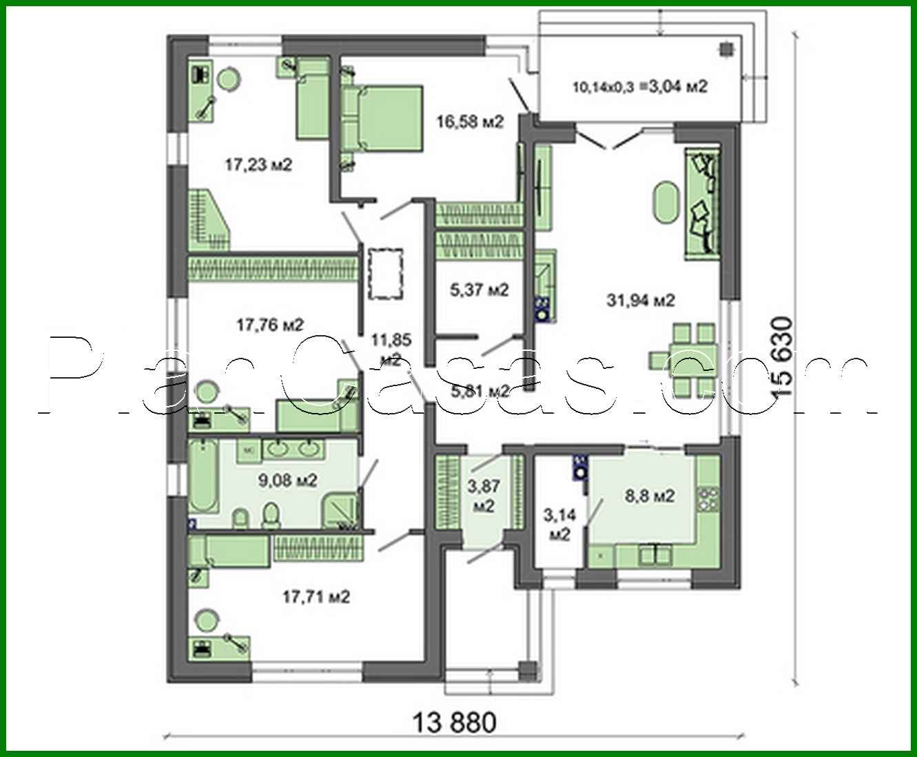Galería de visualizaciones - Proyecto de vivienda compacta de una planta con 4 dormitorios