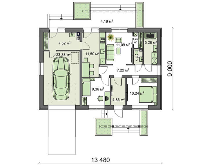 Visualization gallery - The project of a single-storey house in the European style with an area of 98 square meters with garage