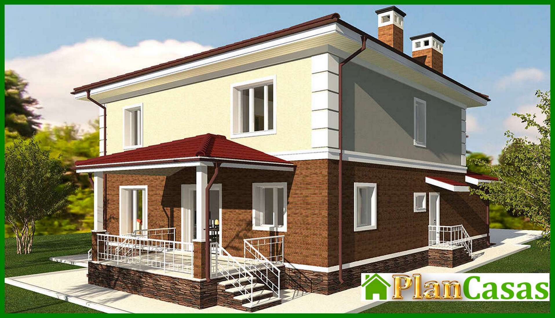 Galería de visualizaciones - Plano de una mansión de dos plantas de 262 m² con garaje para dos vehículos