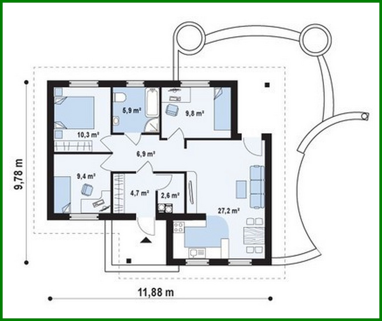Visualization gallery - Project of a small one-story house with three bedrooms