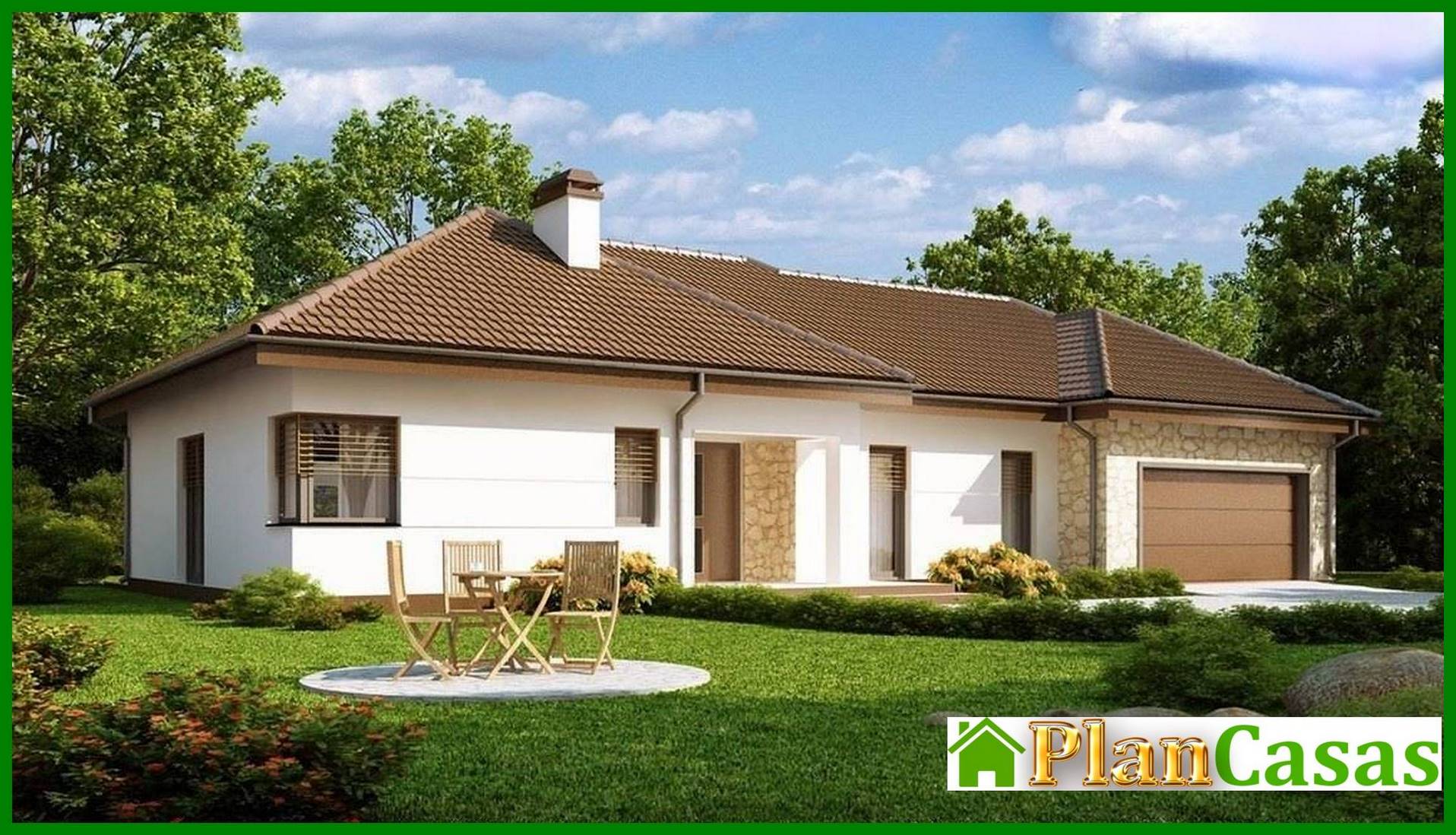 The project of a one-story cottage with a garage for two cars and utility room