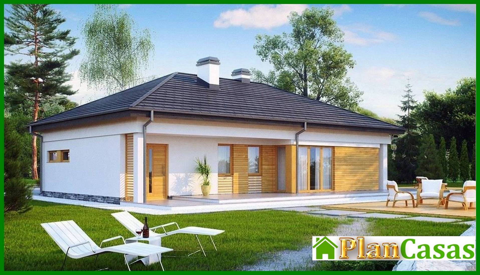 Project of a functional one-story cottage with a garage for 2 cars