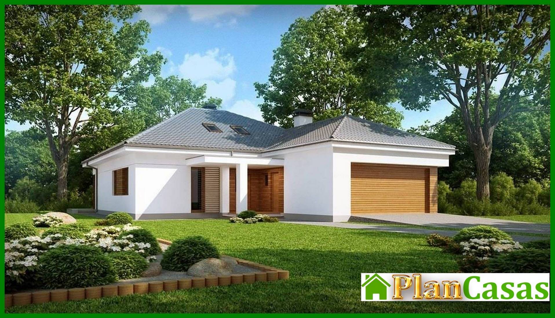 Proyecto de una casa de campo clásica de una planta con garaje y ático