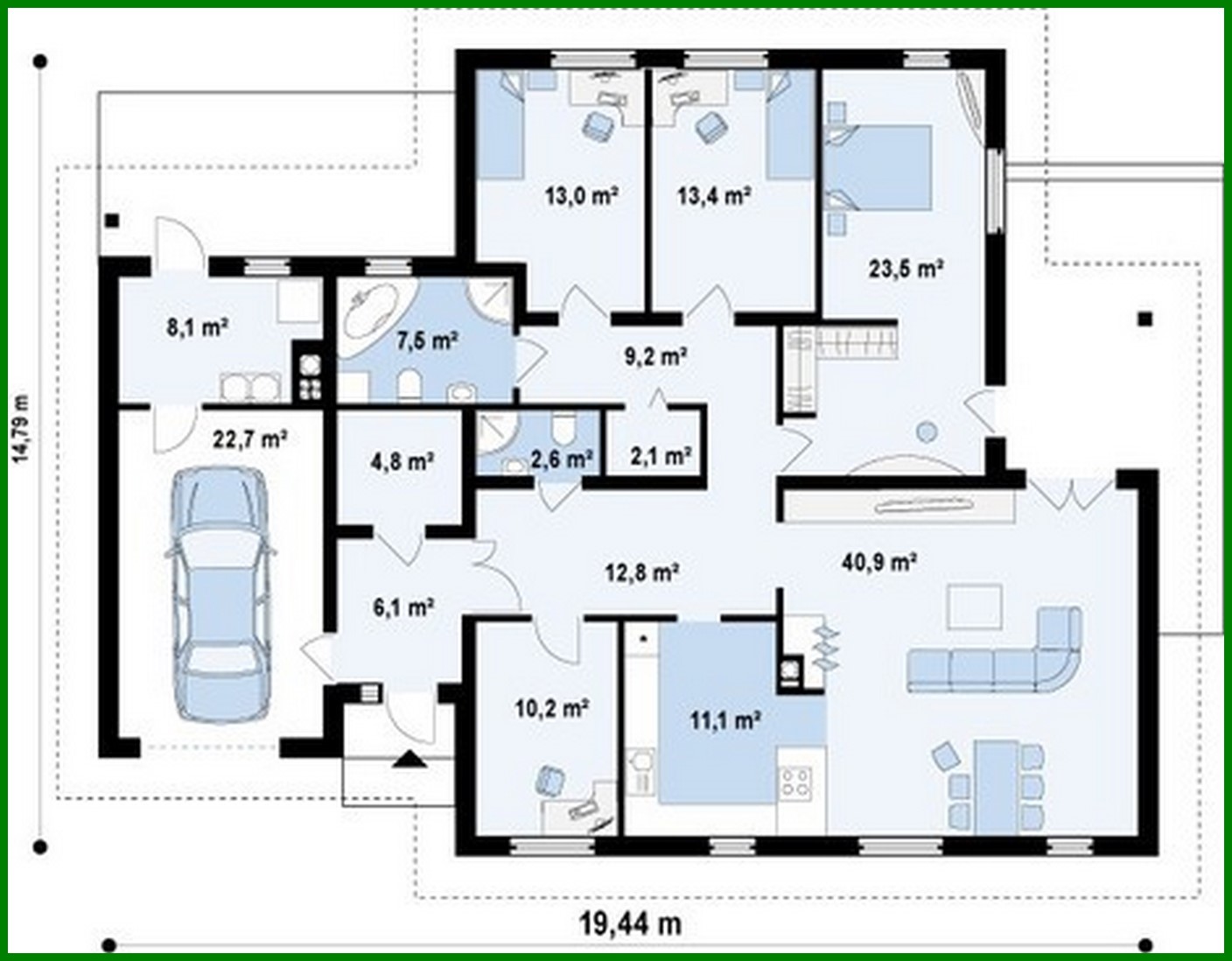 Galería de visualizaciones - Proyecto de una casa espaciosa y cómoda de una planta con techo a dos aguas y garaje para 1 coche