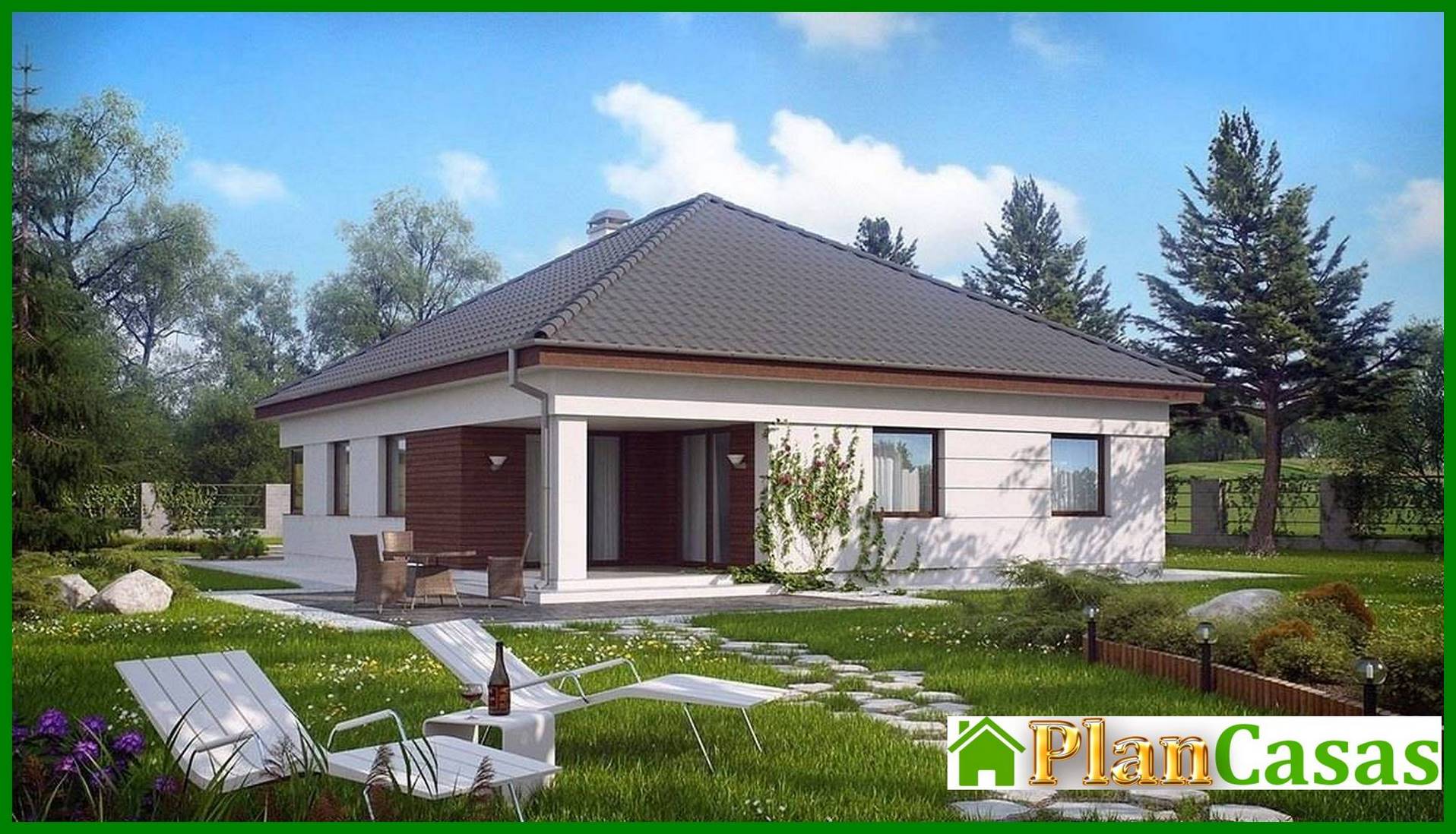 One-storey cottage with a corner terrace house plan