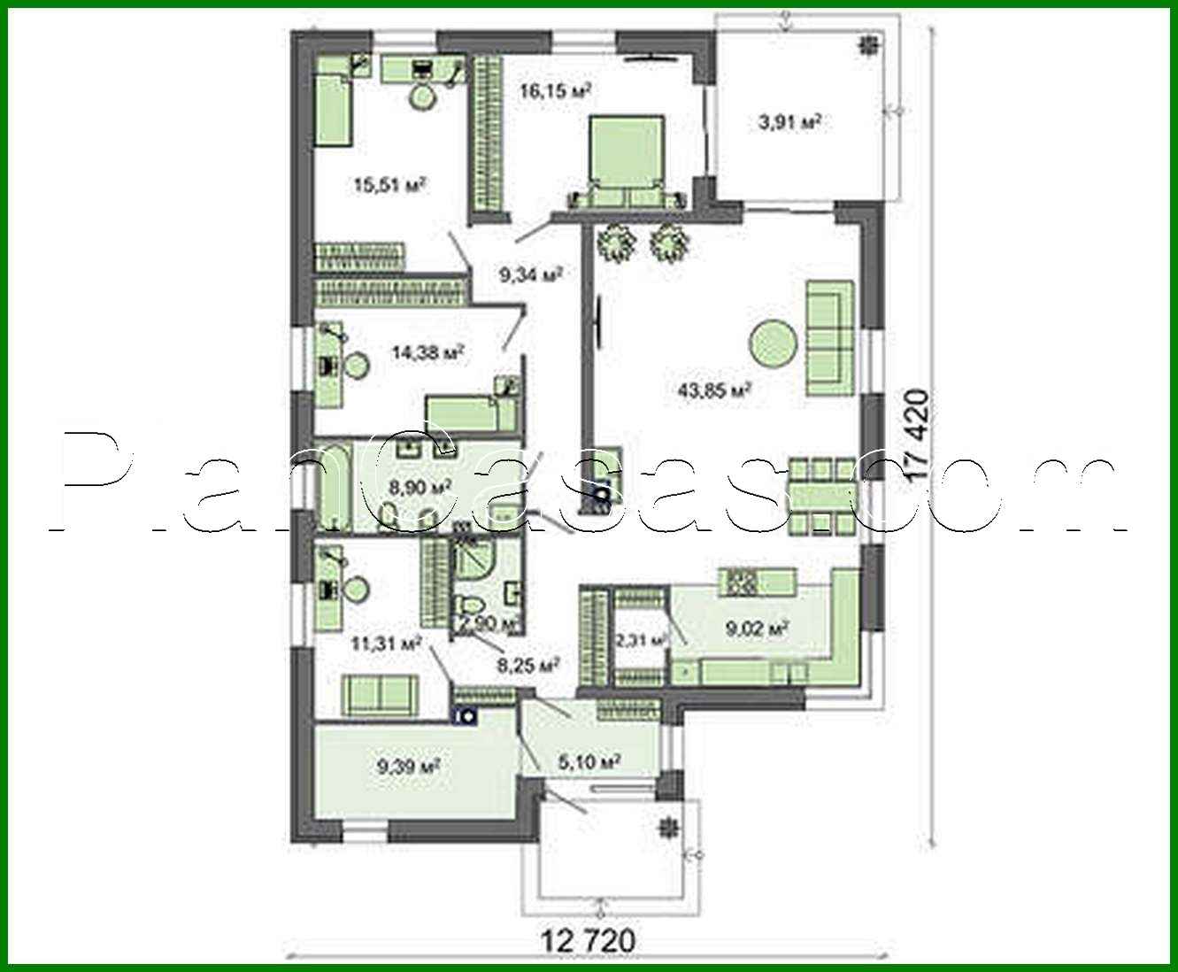 Galería de visualizaciones - Casa de campo de una planta con terraza en esquina