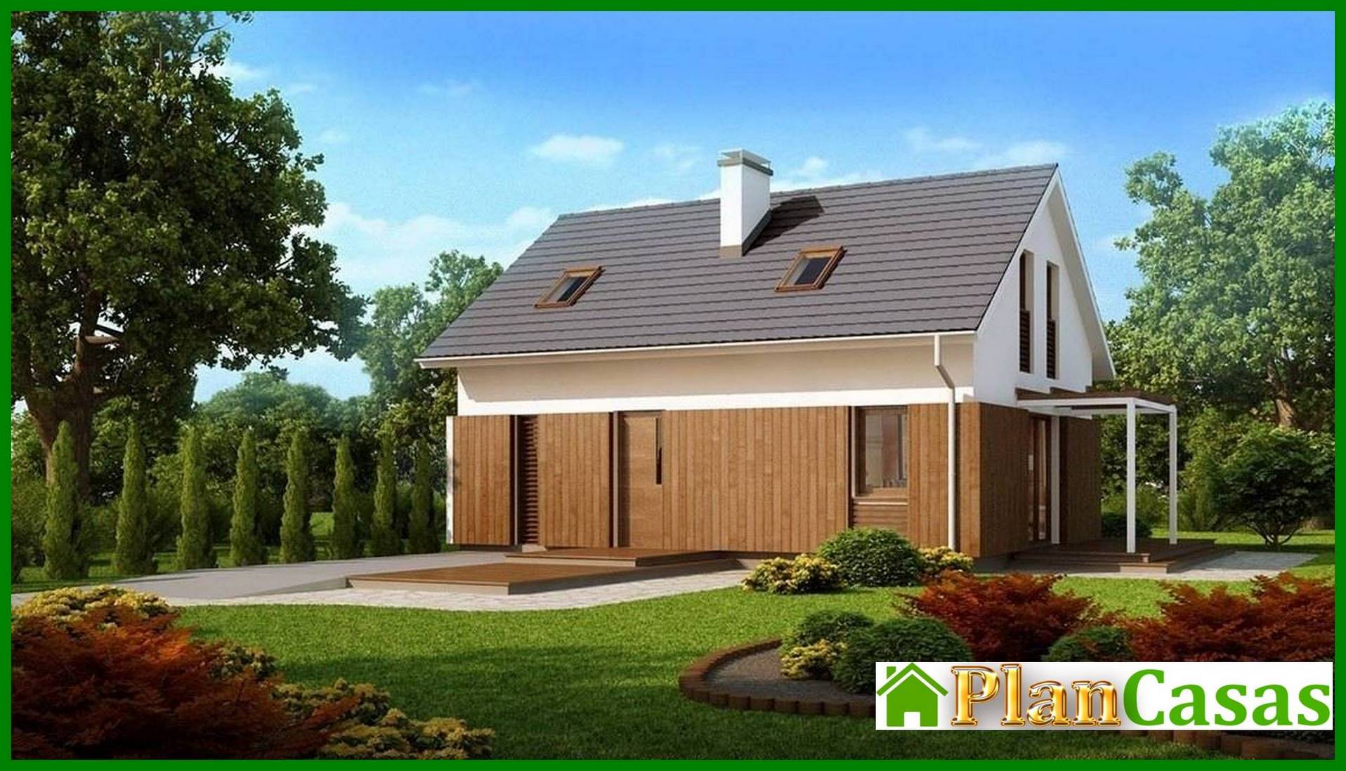 Visualization gallery - Cottage project with an attic, gable roof and wooden facade