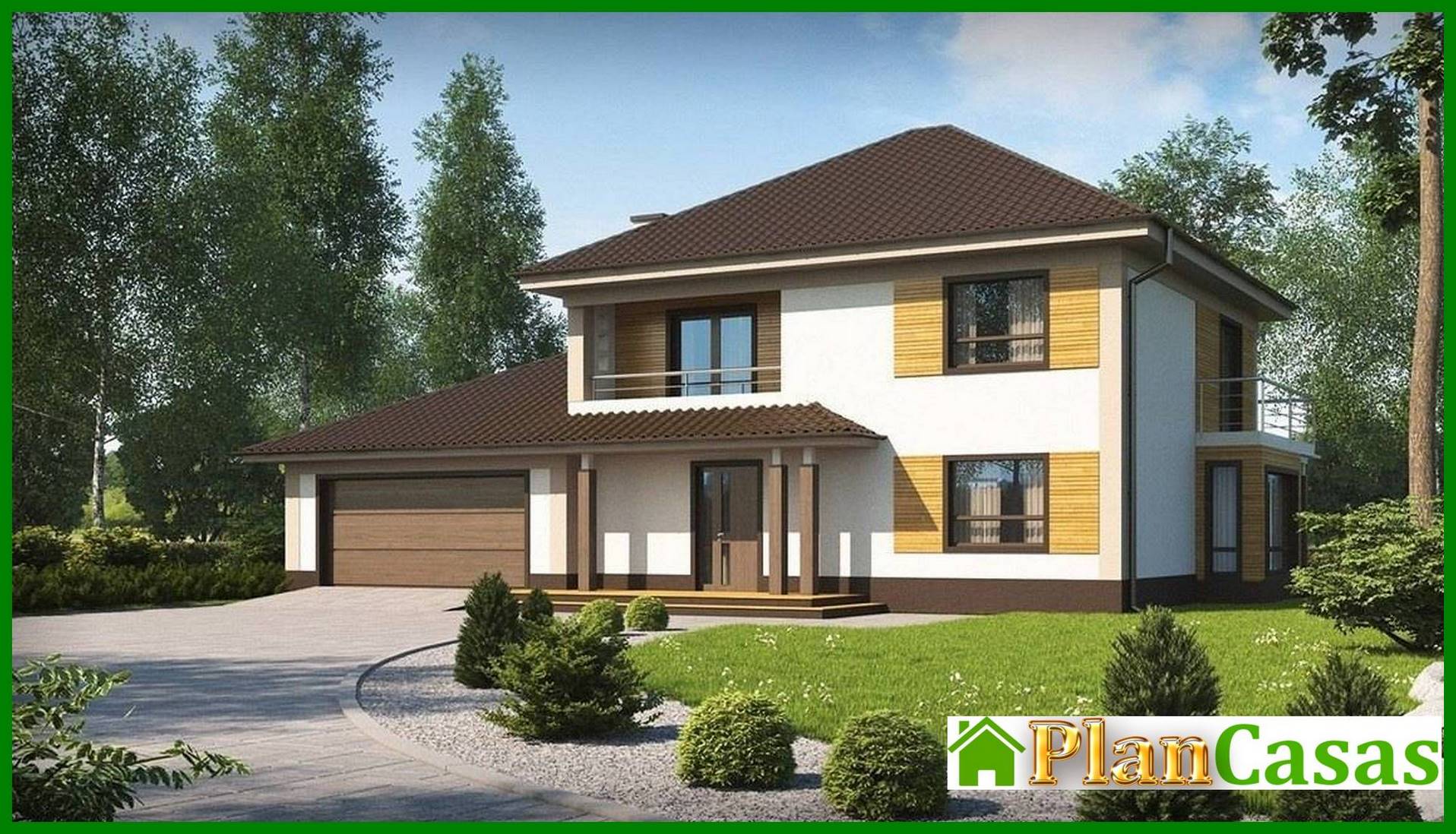 The project of a two-story cottage with a garage for two cars house plan