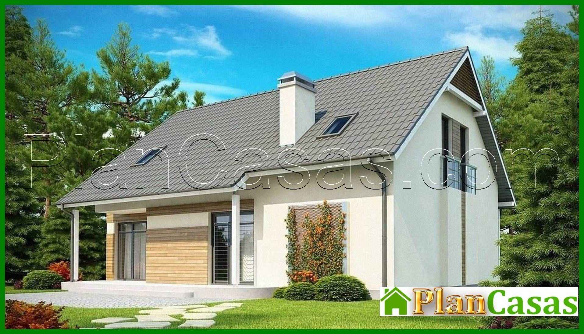 Cottage project with garage, balcony and bay window house plan