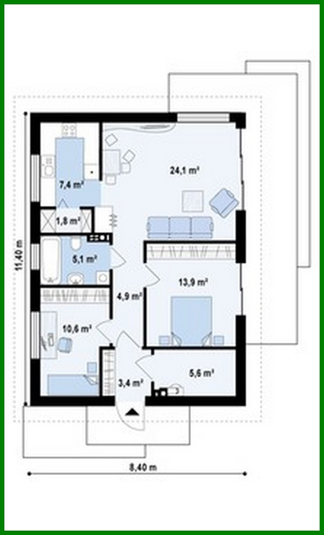 Galería de visualizaciones - Proyecto de una casa pequeña de una planta con una cómoda entrada lateral