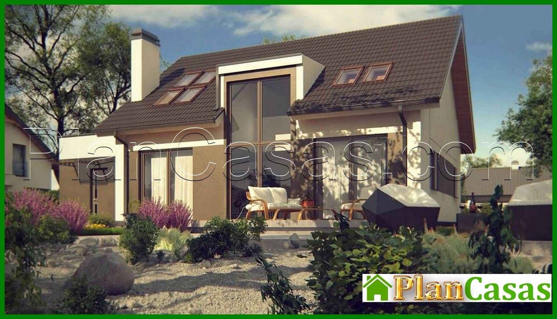 Proyecto de una casa de una planta con ático y una gran ventana frontal en el salón