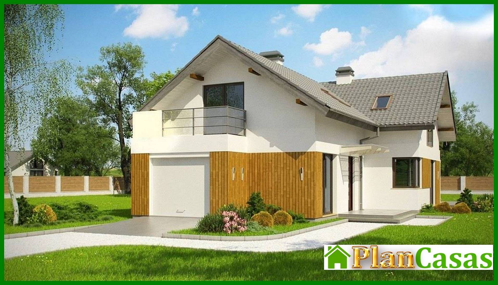 Proyecto de casa con techo mansarda y balcón sobre el garaje