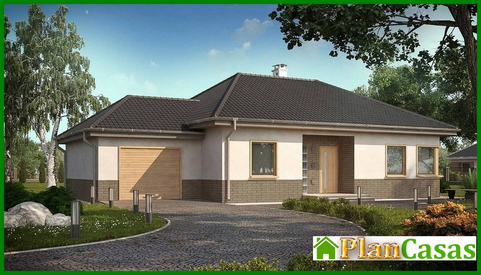 Proyecto de una casa clásica de verano de una planta con techo a cuatro aguas