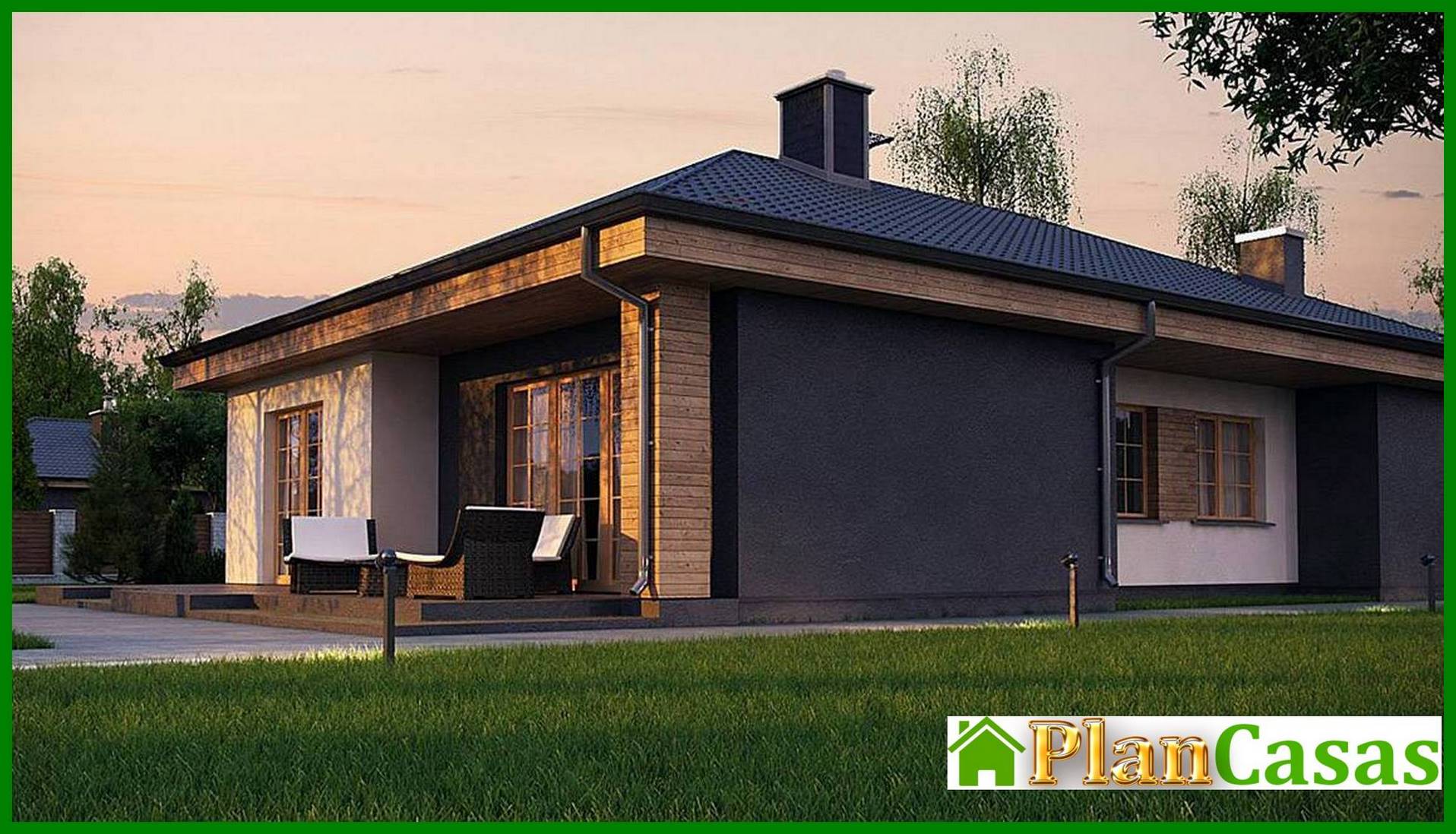 Galería de visualizaciones - Proyecto de una casa de una planta de 120 m² decorada con piedra artificial