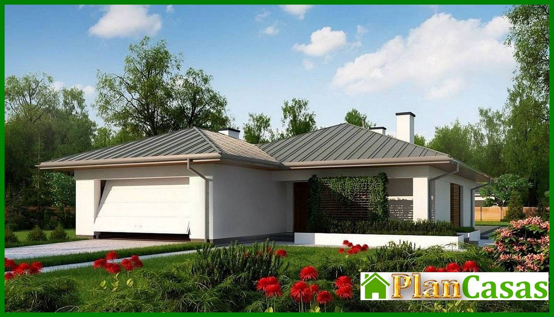 Galería de visualizaciones - Proyecto de una cabaña clásica de una planta con garaje para dos coches y hasta 150 m²