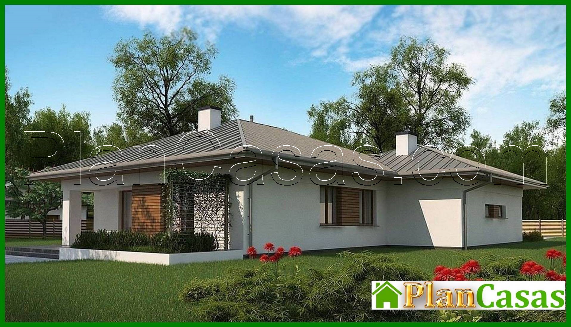 Galería de visualizaciones - Proyecto de una cabaña clásica de una planta con garaje para dos coches y hasta 150 m²