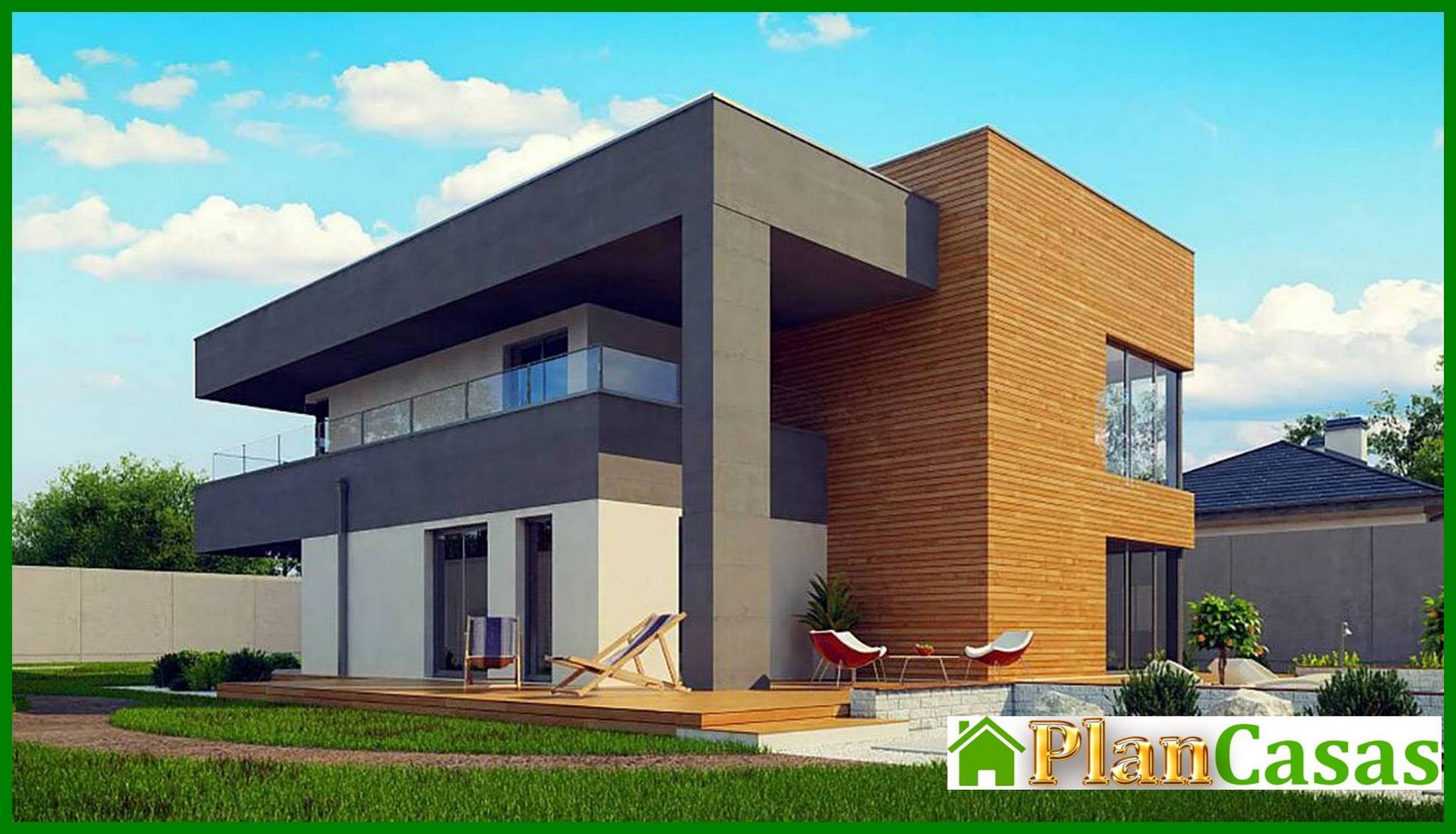 Galería de visualizaciones - Cabaña moderna de dos plantas con techo plano y garaje para dos coches