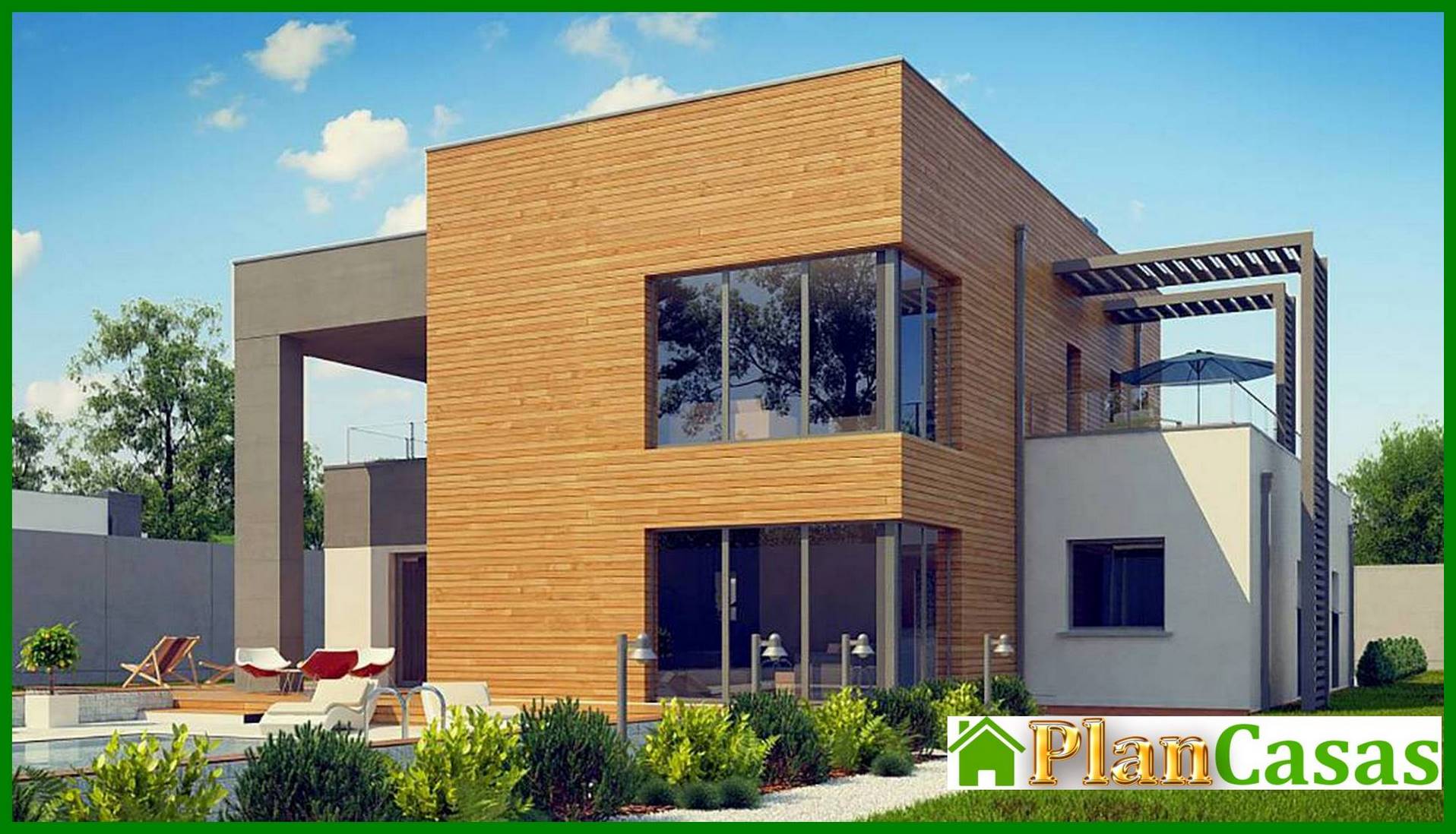 Galería de visualizaciones - Cabaña moderna de dos plantas con techo plano y garaje para dos coches